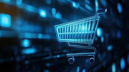 Digital retail transformation, glowing blue shopping cart icon with an arrow, symbolizing fast online purchases and modern commerce