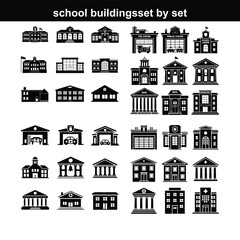 school building silhouette set, educational building silhouette vector Vector icons school building Silhouette of scholl building isolated on white background. Architecture college or university symbo
