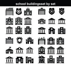 school building silhouette set, educational building silhouette vector Vector icons school building Silhouette of scholl building isolated on white background. Architecture college or university symbo