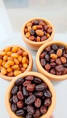 Four Wooden Bowls Various Raisins Their Diverse Colors