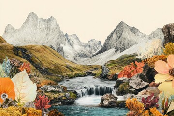 Serene Mountain Landscape with Colorful Flora and Gentle Stream Flowing Through Scenic Valley
