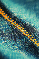 Macro shot of blue denim fabric with yellow stitching detail. Sharp texture and vivid contrast ideal for clothing production themes, textile backgrounds, fashion design or craft visuals.