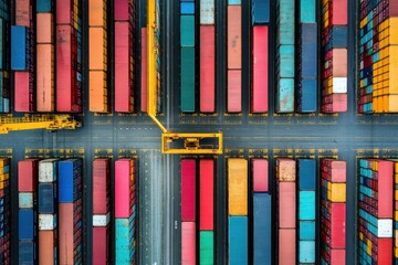 Aerial View of Colorful Shipping Containers at a Busy Cargo Port with Cranes and Roads