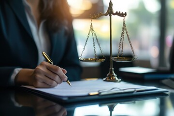 Professional Lawyer Writing on Legal Documents with Scales of Justice in Background