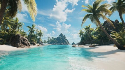 Obraz premium Idyllic Tropical Beach Scene With Palm Trees and Rocks