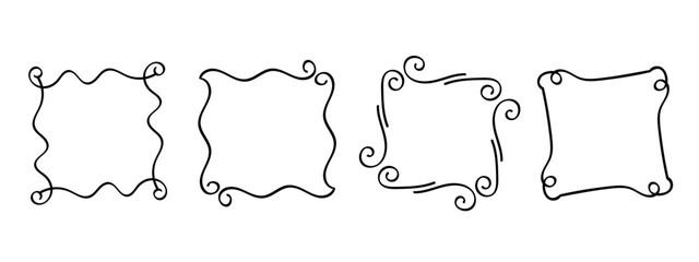 Square doodle frames ,hand-drawn monograms.Edgings and cadres with simple sketchy design elements.Isolated. Vector illustration.