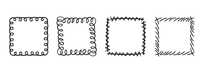 Square doodle frames ,hand-drawn monograms.Edgings and cadres with simple sketchy design elements.Isolated. Vector illustration.