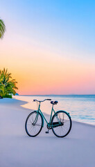 Fototapeta premium Pastel-toned beach sunrise with a vintage bicycle