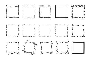 Square doodle frames ,hand-drawn monograms.Edgings and cadres with simple sketchy design elements.Isolated. Vector illustration.