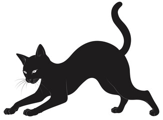 Black Cat Stretching White Isolated Background Illustration