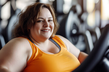 Fototapeta premium Beautiful happy confident plus-sized mature woman practicing on the treadmill in sport gym