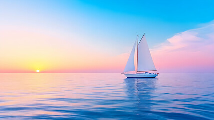 Fototapeta premium Peaceful sailboat at sunset on calm ocean