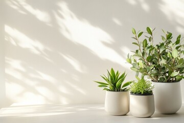 Fototapeta premium Lush Indoor Plants in Minimalist Pots with Soft Shadows on Neutral Background