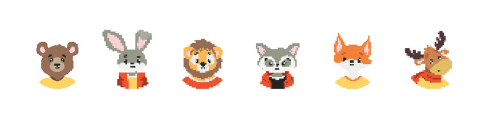 Adorable pixel art animals with expressive eyes and outfits. includes a bear, rabbit, lion, and more.