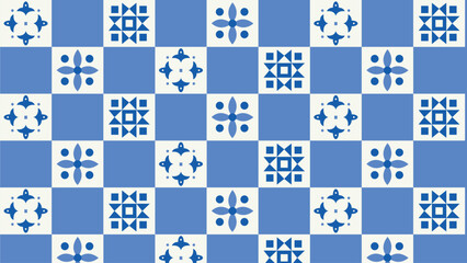  blue and white ceramic tile background with intricate geometric and floral motifs. Perfect for backgrounds, wallpaper, textiles, or decorative projects. Traditional Mediterranean style design.