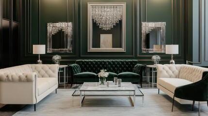 A chic hotel lobby with cream-colored sofas, dark green velvet armchairs, and sleek glass coffee tables with marble tops