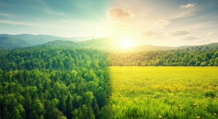 Fototapeta premium Image showing contrast between dense forest and sunny meadow with mountains in background