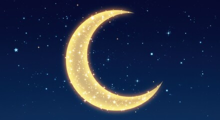 Fototapeta premium A enchanting night sky scene a crescent moon glowing with a soft warm light adorned with numerous twinkling stars the stars vary in size and brightness a magical and dreamy effect on blue background