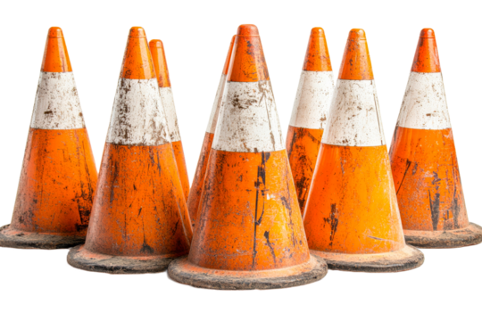 Traffic cones arranged in a circle with worn surfaces