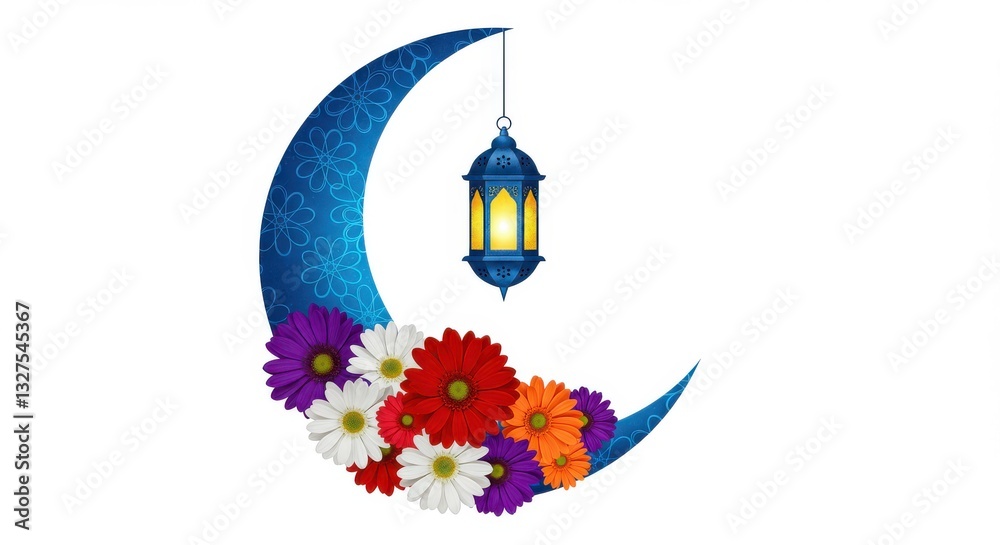 Fototapete a colorful design a crescent moon adorned with intricate blue patterns and surrounded by an array of