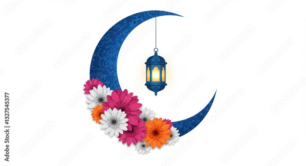 Fototapete a colorful design a crescent moon adorned with intricate blue patterns and surrounded by an array of