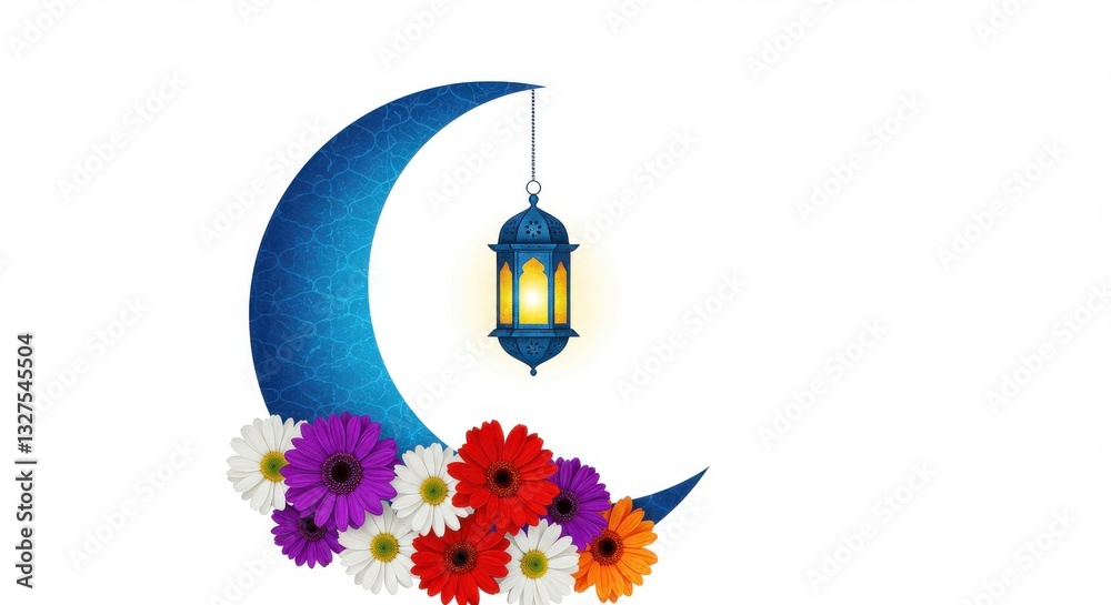 Fototapete a colorful design a crescent moon adorned with intricate blue patterns and surrounded by an array of