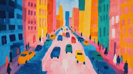 Vibrant cityscape painting with colorful buildings, cars, and people on a city street.