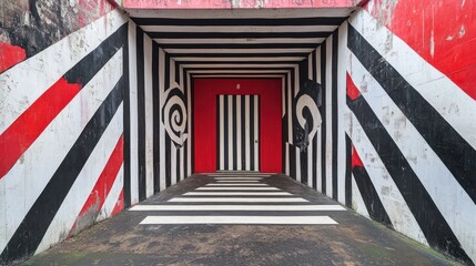 A vibrant, stylized tunnel entrance with black and white stripes, red accents, and a perceptual illusion.