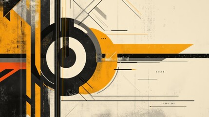 Abstract graphic design with intersecting geometric shapes, bold colors, and textured elements.