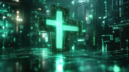 Futuristic glowing green cross symbol in a digital, technological environment.