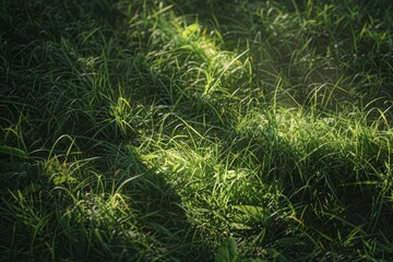 A close-up view of sunlight filtering through dense, green grass in a forest clearing, Irregular patches of sunlight filtering through the grass