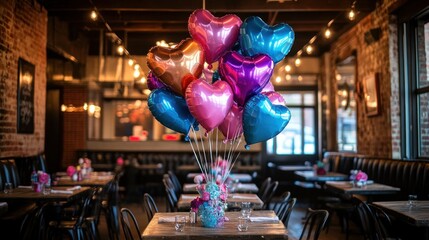 Festive heart-shaped balloons decorate a restaurant dining area.