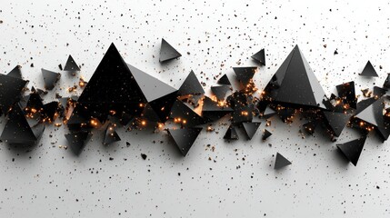 Abstract shattered black pyramids on white background with golden sparks.