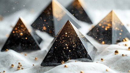 Elegant, golden, black pyramids on white surface.