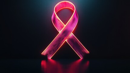 Glowing pink awareness ribbon against dark background.