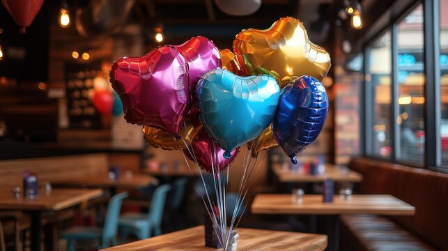 Colorful heart-shaped balloons on a table in a restaurant.