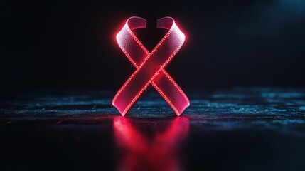 Glowing crimson ribbon, symbol of awareness, on a dark reflective surface.
