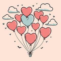 Heart Balloon Bouquet with Hot Air Balloon Vector