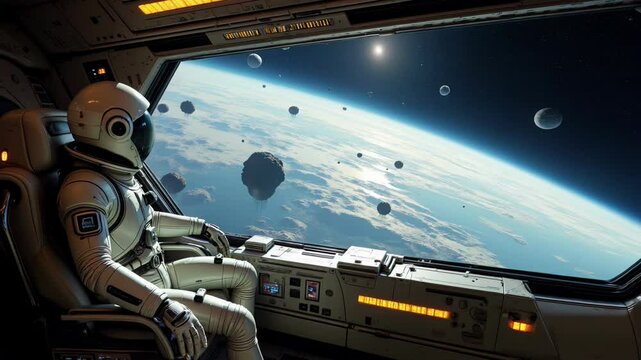 An astronaut sits inside a high-tech spaceship, gazing at floating celestial bodies above a planet atmosphere. The futuristic scene evokes deep space exploration and interstellar discovery
