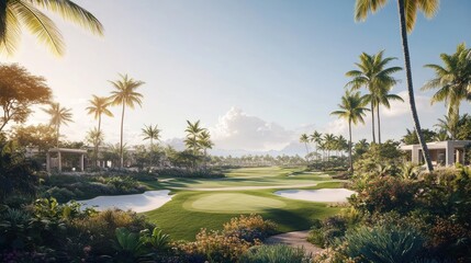 Tropical Golf Course with Lush Landscaping and Villas
