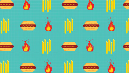A  pixel art background showcasing burgers, fries, and flames on a blue grid background. Great for fast food branding, digital designs, retro gaming aesthetics, restaurant graphics, creative projets.