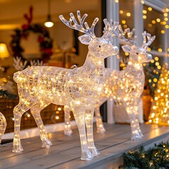 Lit deer displays decorate home exterior for Christmas