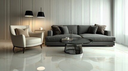 A contemporary living room with a slate gray sofa, a cozy armchair in soft cream, and wall panels in soft ivory tones