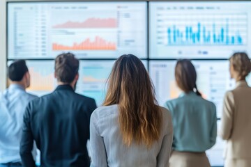 Team Analyzing Data Statistics on Large Screens in Modern Office Environment