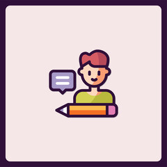 Illustrated learner conveying ideas using a pencil for creative education