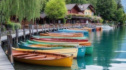 Obraz premium Vibrant Boats Docked in a Charming Lakeside Village