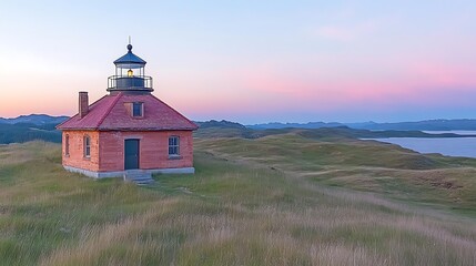 A small red brick lighthouse sits atop a grassy hill