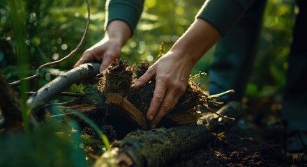 Obraz premium Hands building small campfire in forest setting, surrounded by greenery