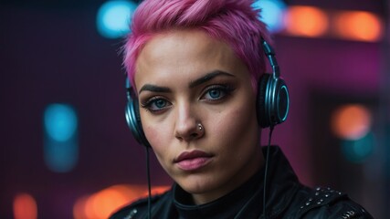 Icono punk en el corazón de la ciudad: cabello rosa y tatuajes rodeados de intensas luces de neón