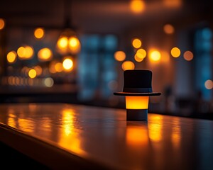 Lit hat on a bar with bokeh lights in a bar
